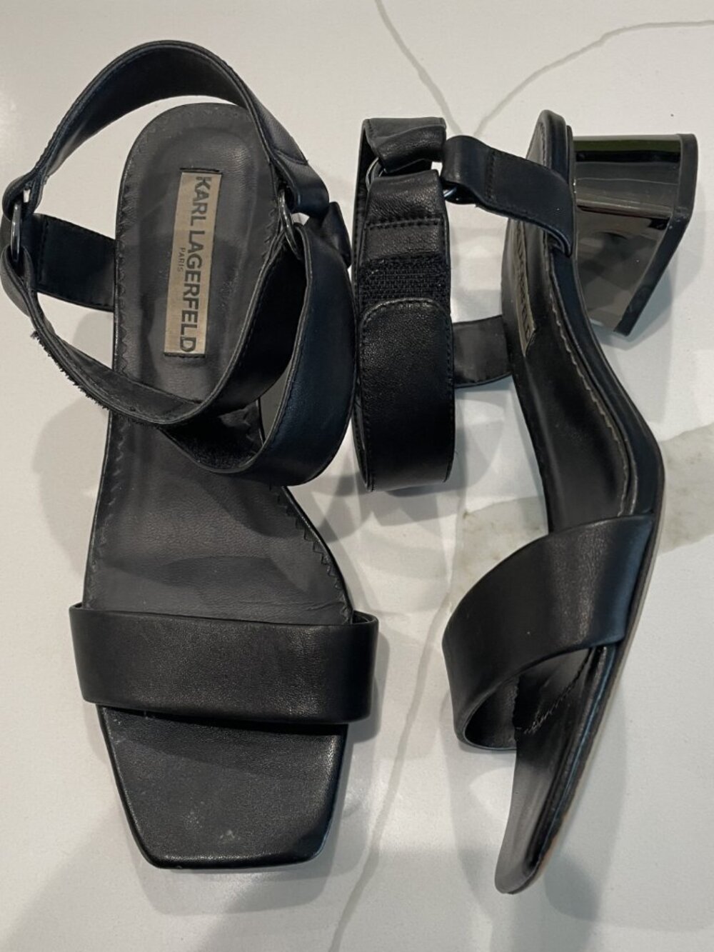 Karl Lagerfeld Black Leather Reflective Block Heeled Sandals - Sz 8 - Rtl $139